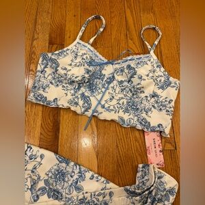 SHEIN White and Blue Floral Lace and Angel Top and Skirt Set